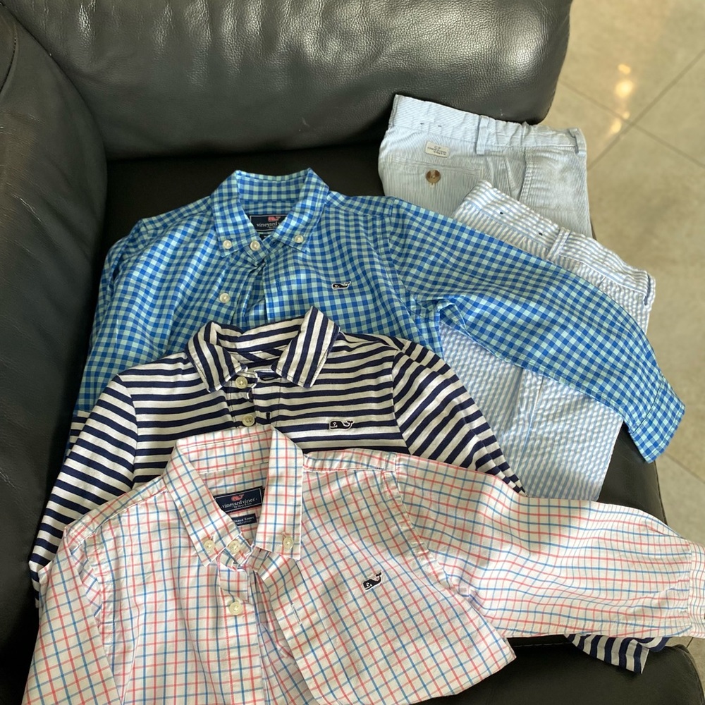 Lot of boys Vineyard Vines dress shirts, Polo style long sleeve top and shorts.